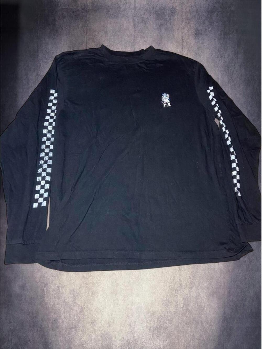88 Brand black long sleeve cotton shirt with white checkered stripes on sleeves